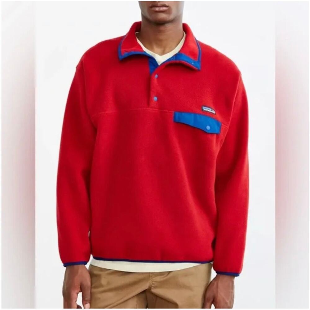 Patagonia Red Fleece Snap-T Pullover with Blue Trim